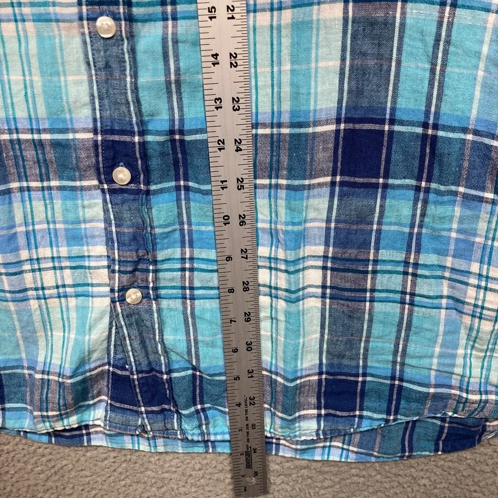 LL Bean Linen Button Shirt Mens XXL Tall Blue Plaid Short Sleeve Slightly Fitted